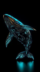 Neon-outlined humpback whale rendered with bioluminescent line art