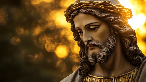 Statue of Jesus with crown of thorns in warm backlight