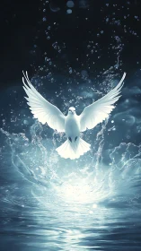 White dove explodes from luminous water in radiant flight.