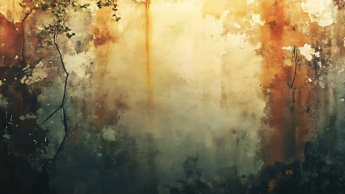 Weathered concrete wall glows with rust and creeping vines.