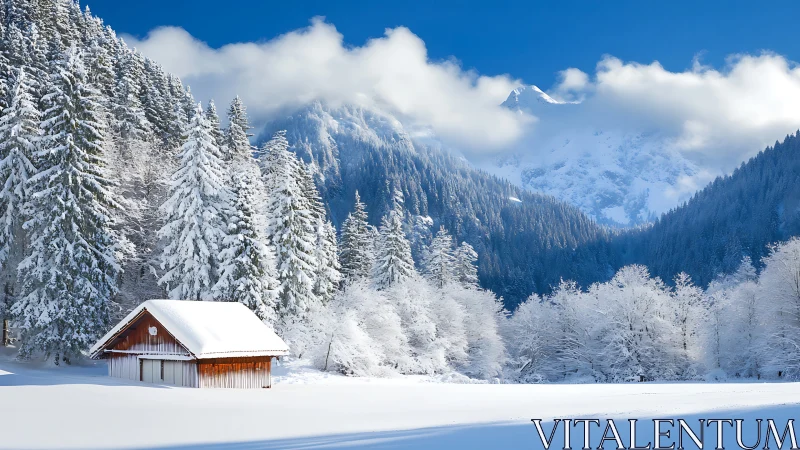 Snow cabin rests below alpine forest and bright blue sky.