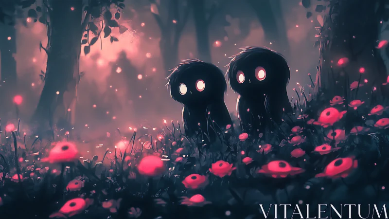 Two glowing-eyed spirits wandering through neon forest dusk.