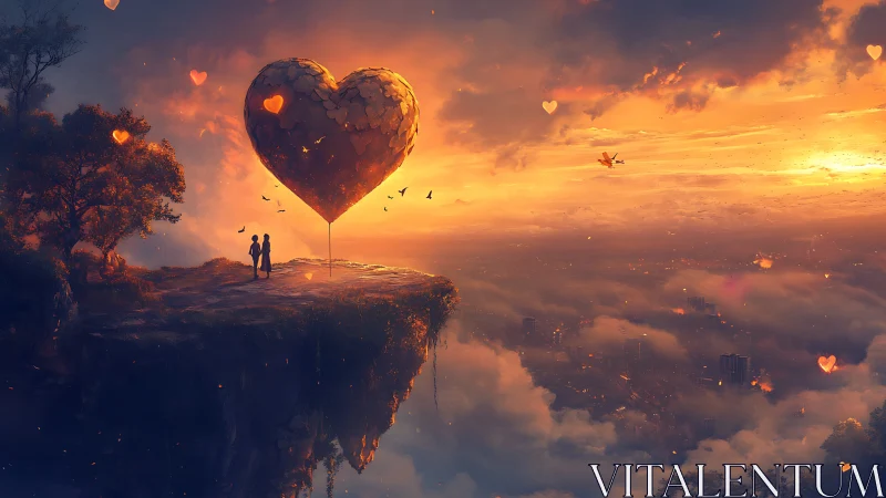 Two Silhouettes Before Colossal Suspended Heart in Golden Sky. Digital Rendering.