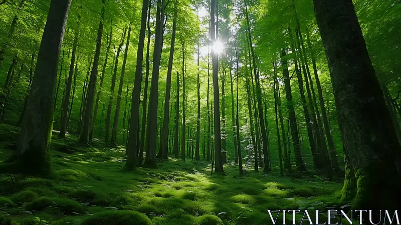 Sunlit mossy forest with tall trees in serene natural style.