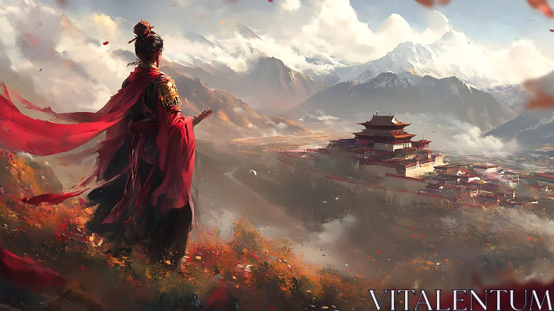 Warrior in red overlooking mountain citadel under drifting clouds