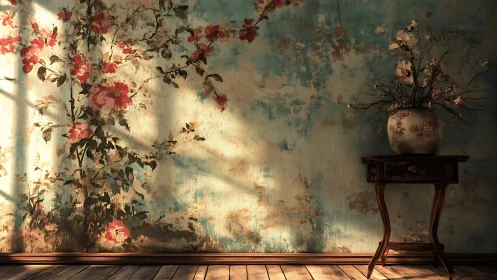 Sunlit vintage floral wall and vase create poetic stillness