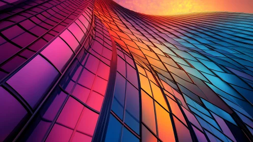 Curved glass facade reflects gradient neon sunset light.