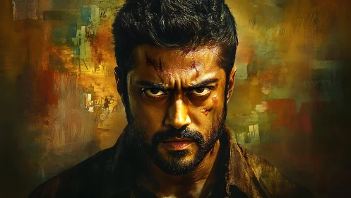 Intense wounded man stares forward against abstract colors.