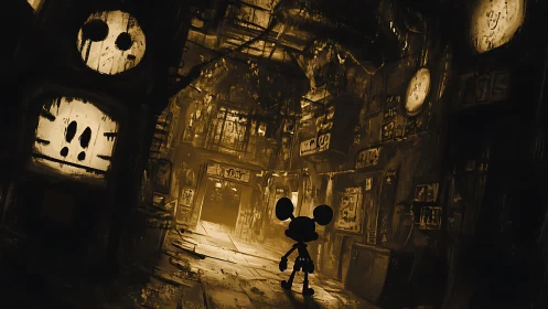 Sepia dystopian corridor with silhouetted cartoon figure staging.