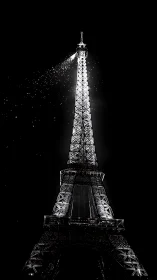 Noir high-contrast Eiffel Tower rendered in luminous monochrome