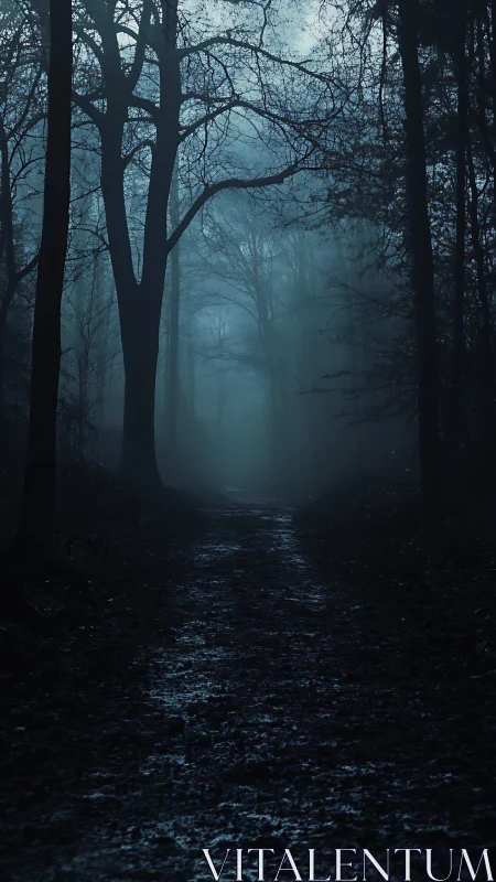Foggy forest trail with wet ground in low blue light.