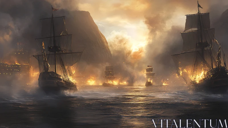 Pyrotechnic naval siege in a fog-dense mountain strait.