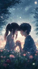 Two lovers share a quiet vow beneath a glowing twilight sky