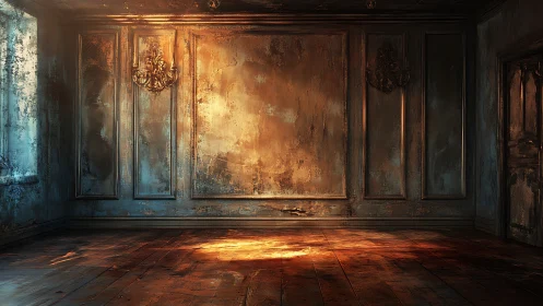 Sunlit ghost of grandeur in a weathered, empty salon.