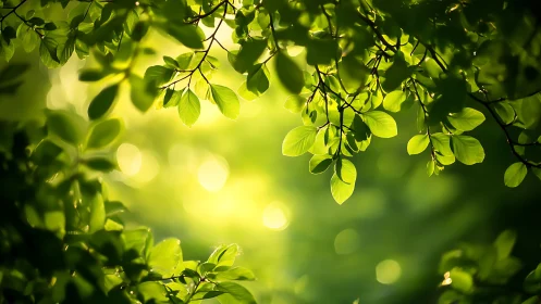 Sunlit Green Leaves with Soft Bokeh Background, Nature Photography.