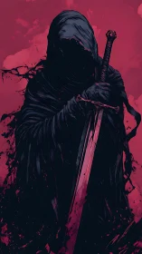 Cloaked shadow grips a bleeding sword in scarlet silence