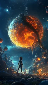 Child confronts a burning alien planet in luminous night