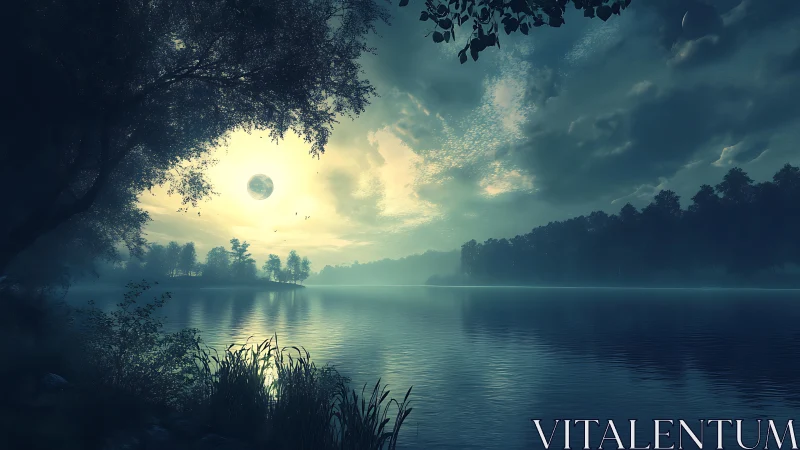 Moonlit mist over tranquil forest lake at blue hour.