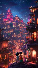 Night festival cityscape with two children on hilltop