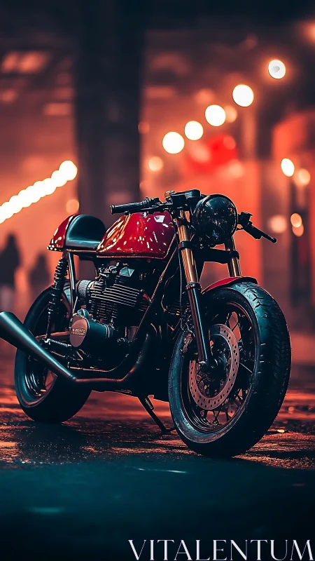 Red cafe racer motorcycle stands under neon city lights
