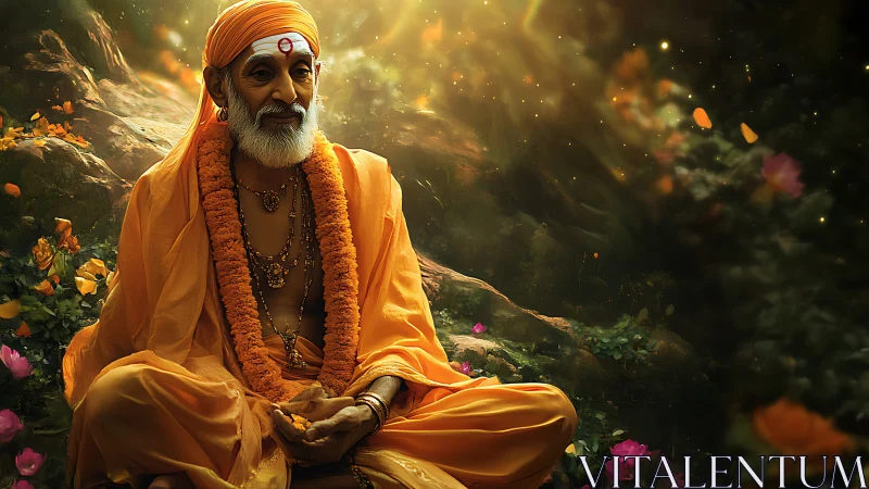 Elderly sage in saffron robes meditates under volumetric forest light