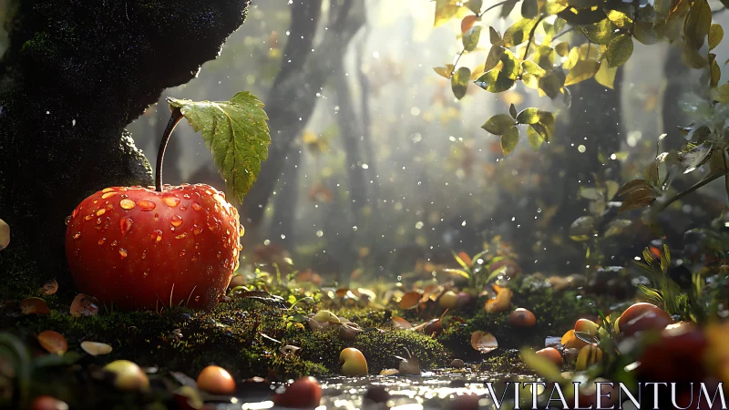 Spellbound forest apple basking in glittering morning rain.