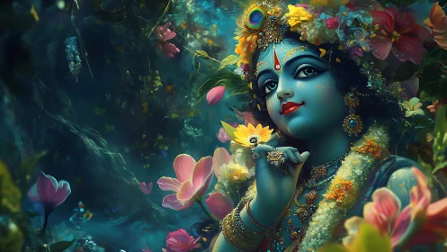 Blue-skinned deity holds yellow flower amid lush blossoms