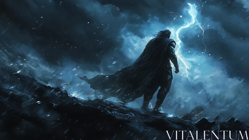 Cloaked warrior on rocky ridge under lightning storm.