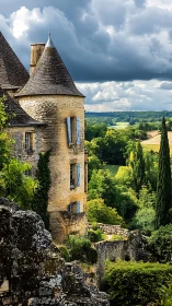 Medieval stone tower overlooks verdant countryside under storm