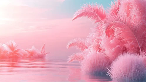 Iridescent pink palm shoreline under pastel twilight sky.