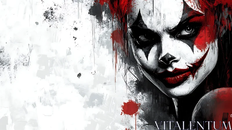 Clown painted face stares forward in gritty red monochrome
