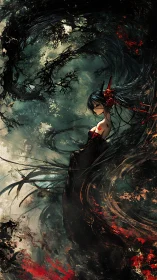 Enigmatic forest girl wrapped in swirling shadow and flame.