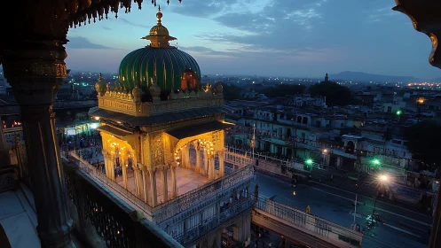 Golden shrine dome glows above historic city at dusk.