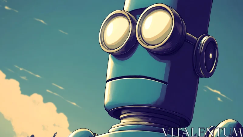 Cel-shaded cylindrical robot portrait under teal sky