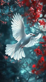 High-key avian flight study amid cyan bokeh forest canopy.