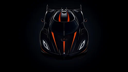 Midnight hypercar prowls with neon orange racing stripes.