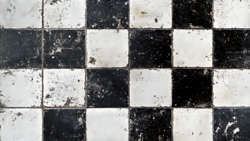 Weathered black and white checkered ceramic tile surface.