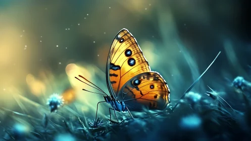 Golden butterfly resting in dreamy twilight meadow glow.