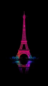 Neon Eiffel Tower silhouette with reflective night view.
