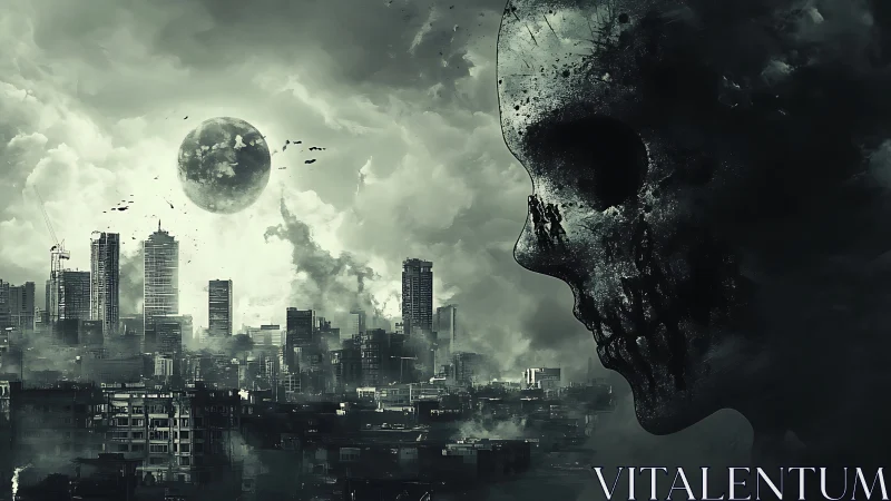 Apocalyptic megacity skyline with colossal eroded skull profile
