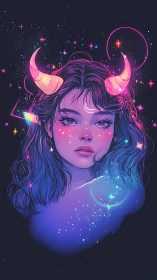 Neon cosmic girl with glowing horns in star-swept void.