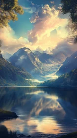 High-altitude valley lake reflects cloud-lit alpine massif