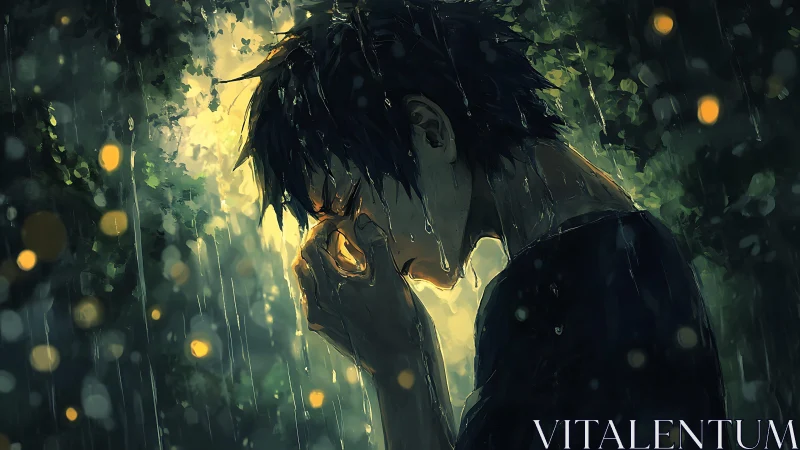 Rain-soaked soul pausing beneath lantern-lit forest sorrow.