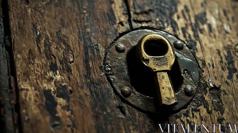 Old brass key in worn wooden door lock, close-up study.