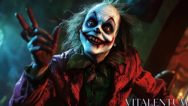 Grotesque clown portrait under eerie neon bar light.