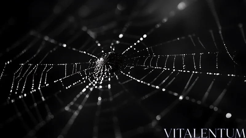 Dewlit spiderweb in dramatic monochrome close-up focus.