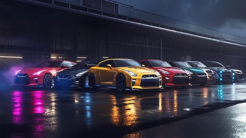 Performance coupe lineup under neon-infused night rain.