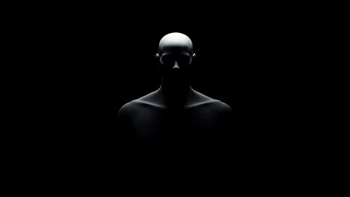 Minimalist 3D bust in deep shadow on black background.