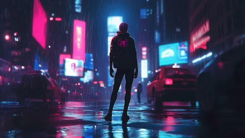 Neon‑lit urban vigilante silhouette in cinematic rain cityscape.
