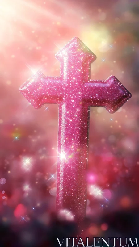 Glittering pink cross under radiant celestial light.